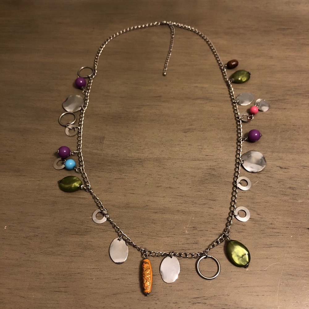 Long Silver Tone Multicolor Beaded Charm Necklace